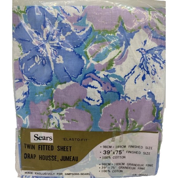 Sears Elasto-Fit Twin Fitted Sheet 39” X 75” Flower Power Mod MCM Blue Purple - Picture 1 of 14